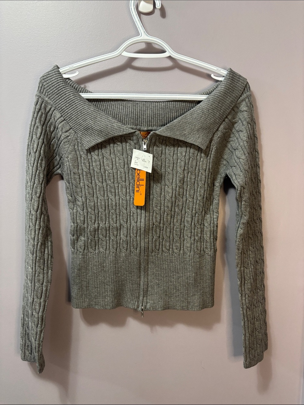 NWT Belldini Off-the-Shoulder Cable Knit Zip-Up Cardigan Sweater Heather Grey L